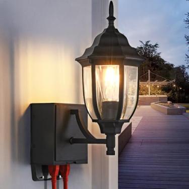 Imagem de JOKAONOTL Luzes de varanda atualizadas para parede externa com tomada GFCI, luminárias externas à prova d'água, montagem na parede, luz externa para casa, pátio, garagem, preto, 1 pacote, sem sensor