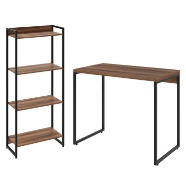 Imagem de Kit Para Escritório Estante Areta 4 Prateleiras Mesa Industrial Aspen 90cm C01 Nogal - Lyam Decor