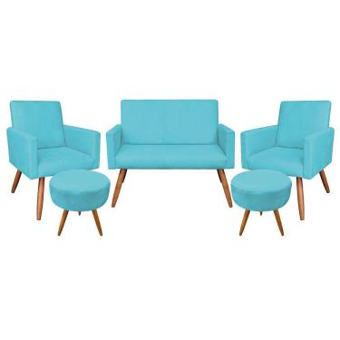 Imagem de Kit Namoradeira 2 Poltronas E 2 Puffs Redondo Azul Turquesa