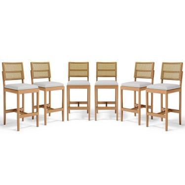 Imagem de Kit Com 6 Banqueta Milena Madeira Maciça Assento Estofado Encosto De Tela Palha Sextavada Linho Cinza 407