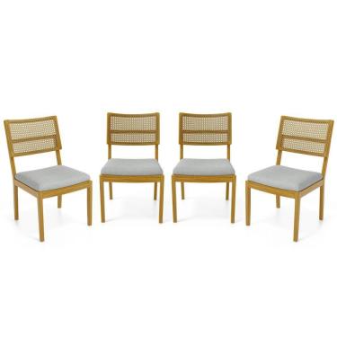 Imagem de Kit Com 4 Cadeiras Milena Madeira Maciça Assentos Estofados Encostos De Tela Palha Sextavada Linho Cinza 407