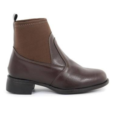 Imagem de Coturno Bota Feminino Couro Marrom Neoprene Salto Confortáve
