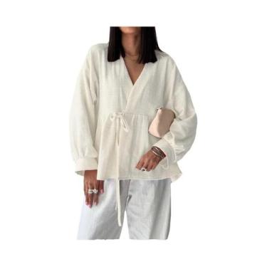 Imagem de Camisa Feminina De Manga Longa Com Laço E Detalhe Envolvente, Estilo O