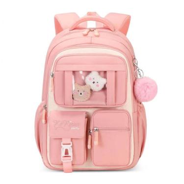 Imagem de Mochila escolar infantil SPORTBANG kawaii 3 peças, grande capacidade, com estojo transparente e chaveiro de pompom, bege e rosa