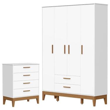 Imagem de Guarda Roupa Infantil Flip 4 Portas com Cômoda Gaveteiro Infantil Flip Branco Acetinado...
