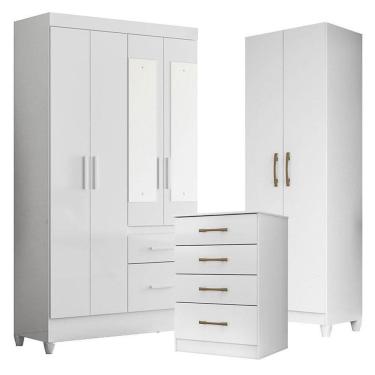 Imagem de Guarda Roupa com Espelho Infantil Madri com Cômoda MS913 e Armário Multiuso New Íris Branco Brilho – Moval