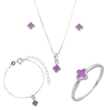 Imagem de Conjunto Colar Pingente Pulseira Brinco Anel Infantil Prata - Lojas La