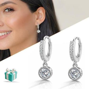 Imagem de Brinco Argola Feminina Cravejada Zircônia Semijoia Pingente Cor:Prata 