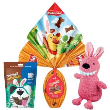 Imagem de Kit pet cães pelúcia ovo e coelho de pascoa 3 un brinquedo e petisco -