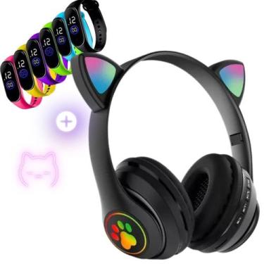 Imagem de Fone Orelha De Gato Headphone Gatinho Com Led Fone Bluetooth e Pulseir