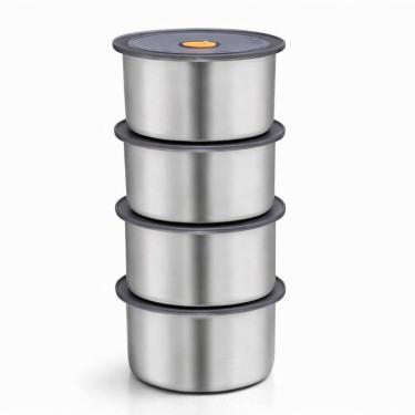 Imagem de Kit 4 Potes Herméticos Redondo Inox 450ml Vasilha Aço Inoxidável Tampa Vedação