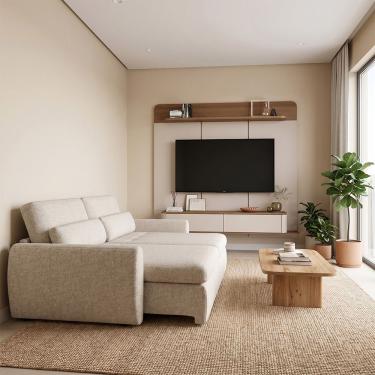 Imagem de Conjunto Sala com Painel Suspenso para TV 70 Polegadas e Sofá Charlie 3 Lugares Bege 210cm Concept Estofados