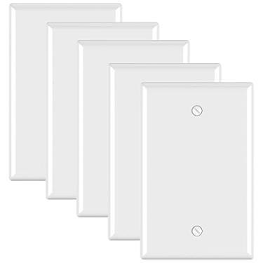 Imagem de ELEGRP Placas de parede para dispositivos em branco 1-Gang, tamanho médio 12,4 cm A x 8 cm C Capa de placa frontal em branco termoplástica inquebrável para tomadas/interruptores não utilizados, listado pela UL (pacote com 5, branco brilhante)