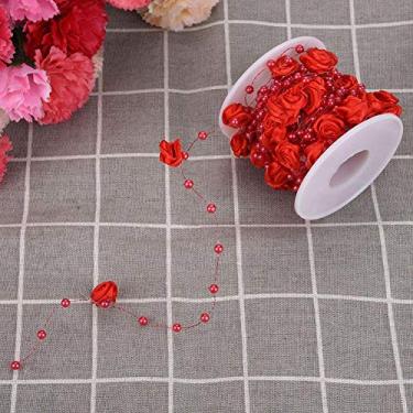 Imagem de Fitas de contas de rosa, 10 m/rolo de contas de fio artificial rosa pérola fita de tecido para decoração de casa e jardim, guirlanda de casamento, cortina de contas, pano de fundo de casamento, enfeite DIY (vermelho)