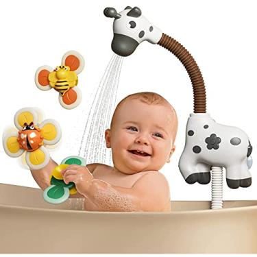 Imagem de ERYUE brinquedos de banho,Brinquedos de banho de bebê com cabeça de chuveiro e 3 brinquedos giratórios de sucção girafa bonito chuveiro com spray de água de verão brinquedo de banheira para crianças c