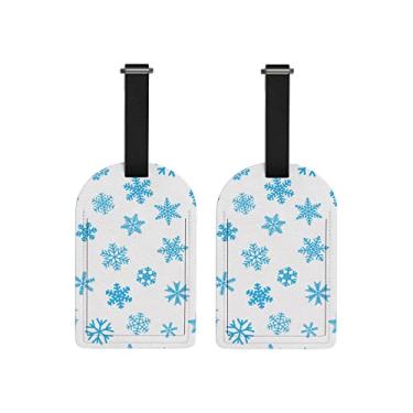 Imagem de Etiquetas de bagagem 2 pacotes de Natal azul claro flocos de neve etiquetas de bolsa de viagem capa de privacidade cartão de nome de endereço ID de mala etiquetas de identificação com laço para bagagem