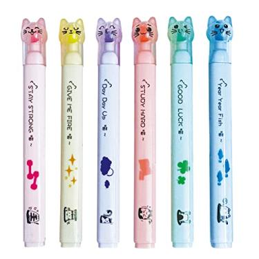 Imagem de 6 canetas marca-texto de gato fofas de pata de gato pastel marca-texto para estudantes, meninas, mulheres, material de escritório escolar (rosto de gato)