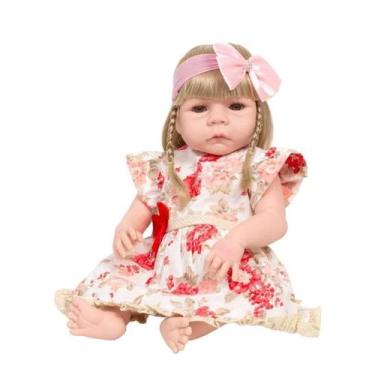 Imagem de Boneca Reborn Bebê Loira Vestido Florido Kit 13 Acessórios - Cegonha R