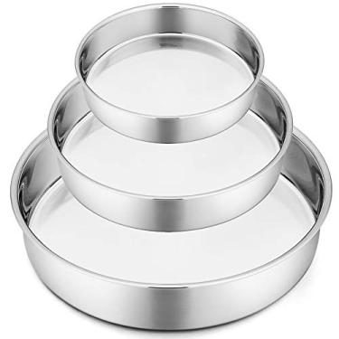 Imagem de P&P CHEF Conjunto de 3 formas de bolo de 20,32 cm + 24,1 cm + 28 cm + 28 cm, formas de bolo de aço inoxidável para remoção de ervas daninhas de aniversário, resistente e não tóxico, acabamento