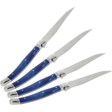 Imagem de French Home Conjunto de facas de bife Laguiole de 4 peças – Facas de jantar sofisticadas de aço inoxidável com alças de mármore azul e emblema icônico de abelha – Facas serrilhadas para corte suave