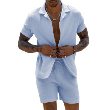 Imagem de URRU Conjunto masculino de linho 2024 moda verão manga curta camisa e shorts roupa praia tropical férias, Azul claro, P