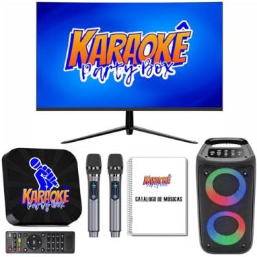Imagem de Karaoke Party Box Preto Profissional Completo +Monitor +Caixa De Som +2 Microfones Sem Fio +Catálogo De Músicas Impresso