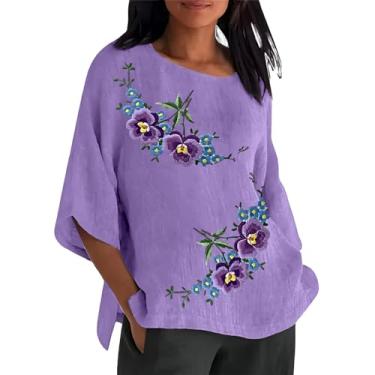 Imagem de Camiseta feminina casual manga curta gola redonda estampa floral algodão linho camiseta feminina raglan, rosa, P