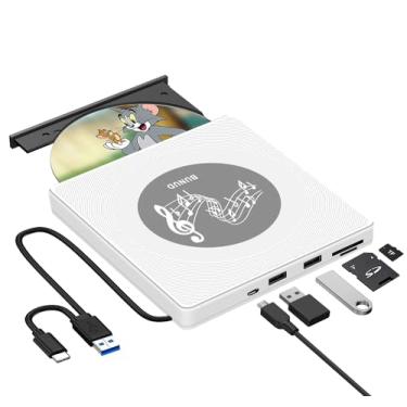 Imagem de Unidade de DVD externa, gravador de DVD USB 3.0 externo USB C CD +/-RW, leitor e gravador de DVD com 2 compartimentos USB e TF/SD, leitor de DVD portátil para laptop, MacBook Air, Windows 11, PC,