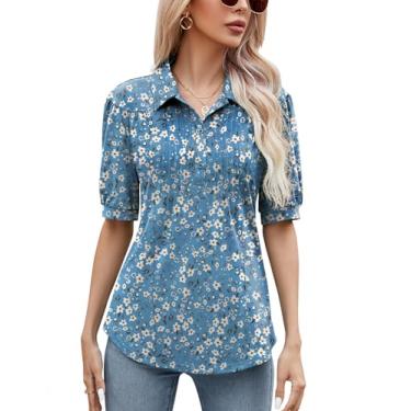 Imagem de Micoson Blusas femininas elegantes casuais de manga curta com colarinho de botão e gola solta, túnica de verão 2023, Floral azul, branco, XXG