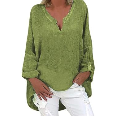 Imagem de Camisas femininas de linho de algodão 2024 Henley gola longa blusas elegantes modernas blusas de verão soltas confortáveis túnica tops, Verde, 3G