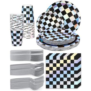 Imagem de 210 peças de suprimentos de festa de carro de corrida, preto e branco, bandeira, xadrez, pratos de papel, copos e guardanapos, com facas de plástico, garfos, colheres, louça descartável, serve 30