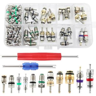Imagem de Kit de acessórios de válvula de ar condicionado de 102 peças, R12 R134a Haste de válvula de pneu de refrigeração de ar condicionado automotivo com cabeça dupla, kit sortido de ferramentas de remoção