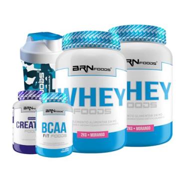 Imagem de Kit 2x Whey Foods 900g Morango + BCAA 100g Tan + Premium Creatine Foods 100g + Coqueteleira 600ml – BRN Foods