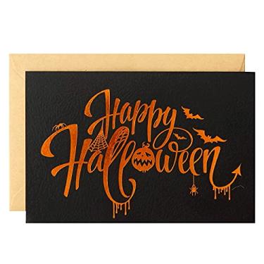 Imagem de Cartões de Dia das Bruxas – Pacote com 24 cartões de felicitações pretos Happy Halloween em acabamento textura com letras de folha laranja – Inclui 26 envelopes Kraft – 10 x 15 cm em branco por dentro