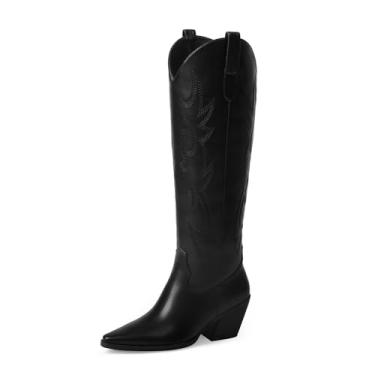 Imagem de iiimmu Botas femininas Cowgirl, cano alto, bico fino, salto bloco, camurça caubói e couro sintético com bordado, PU preto - altura do joelho, 36