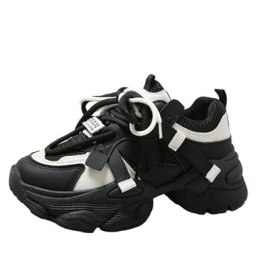 Imagem de Tênis feminino de couro plataforma de salto grosso, casual, respirável, com cadarço, tênis moderno e confortável, Preto, 33