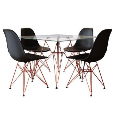 Imagem de Jogo de mesa eames de ferro cobre E tampo quadrado vidro 90cm 4 cadeir