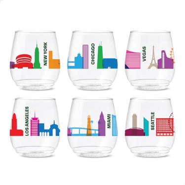 Imagem de TOSSWARE POP 396.9 g Vino American Skylines Series, conjunto de 6, qualidade premium, recicláveis, inquebráveis e óculos impressos de plástico transparente