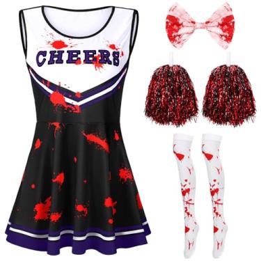 Imagem de SATINIOR 4 Pcs Cheerleader Halloween Costume for Women Adult Zombie Bloody Outfit Fancy Dress for Halloween Party(Small,Black Blood)