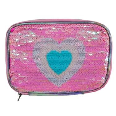Imagem de Genérico Estojo Escolar Necessaire Grande Quadrado Design em Paetê Reversível Brilhoso com Duas Faces (Coração)