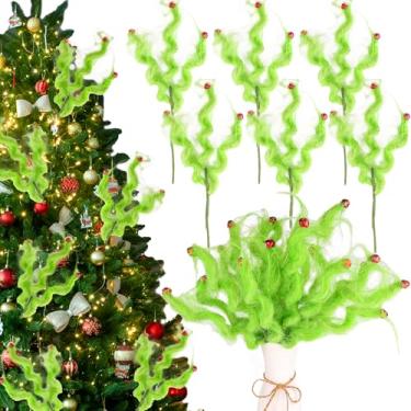 Imagem de Lotus Hills 6 palhetas peludas de Natal para árvores, galhos de enchimento de árvore de Natal encaracolados de 43 cm, enfeites de Natal verde-limão, decorações engraçadas de árvore de Natal, enfeites