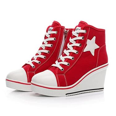 Imagem de Mei MACLEOD Tênis de salto alto feminino casual com cadarço de lona para mulheres, plataforma, plataforma, botas de tornozelo, Vermelho, 39