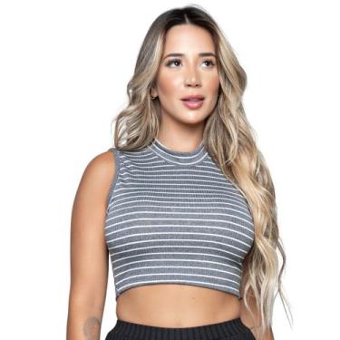 Imagem de Cropped Canelado Bella Fiore Modas Regata Gola Alta Blusa Garrafinha, 