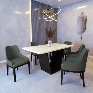 Imagem de Mesa de Jantar Safira 1,6m Off White com 6 Cadeiras Elisa Veludo Cinza