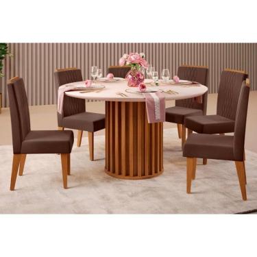 Imagem de Conjunto: Mesa de Cozinha Viena Tampo Madeirado c/ Vidro 136cm e 6 Cadeiras Lia Freijo/Off White - Suede Moca - DJ Móveis