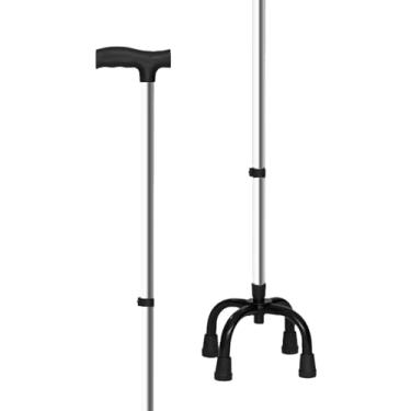 Imagem de Bengala Idoso 4 Apoios 100Kg Bastão Quatro Pontas Regulagem 8 Níveis 76cm a 94cm Antiderrapante Auxílio Marcha Caminhada Alumínio Resistente (Prata)
