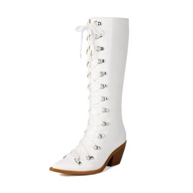 Imagem de Rock88 Botas femininas de couro envernizado na altura do joelho, bico fino com salto grosso e detalhes de metal, botas de cano alto para festa de formatura, Branco, 43