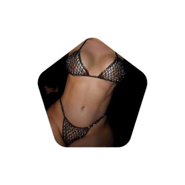 Imagem de YERTTER Conjunto de biquíni sexy preto com strass vazado, malha vazada, conjunto de corrente corporal, strass, praia, joias de luxo para mulheres (preto)