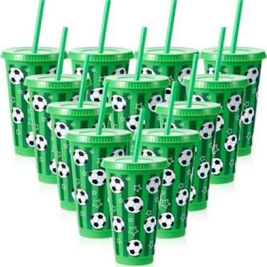Imagem de Uiifan 12 peças de copos de futebol de plástico 680 g copo reutilizável com tampa e palha presentes esportivos para treinador, namorado, fã, homens, mulheres, lembrancinhas de festa com tema