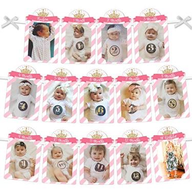 Imagem de Big Dot of Happiness Coroa de Princesa de 1º Aniversário - Decoração de festa de primeiro aniversário de princesa rosa e dourada - Exibição de imagem 1-12 meses - Banner de foto